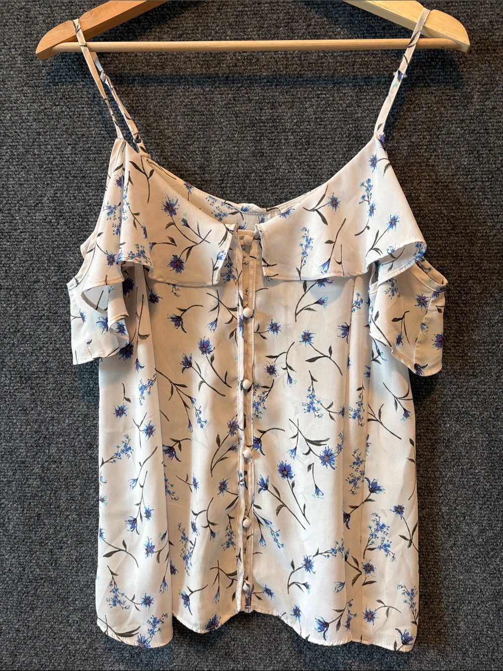 Sienna Sky Cream Summer Top with Blue Floral Print and Shoulder Ruffle
Size: M